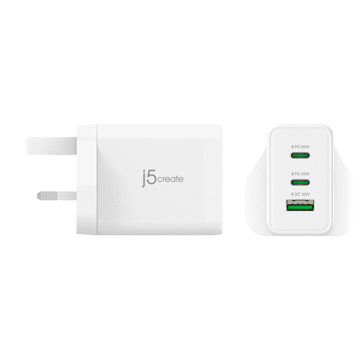 j5create JUP3365F-FN | 65W GaN USB-C Charger | 3 Ports | UK Plug | White