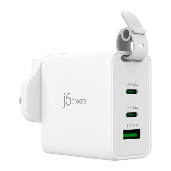 j5create JUP3565CV-N | 65W GaN USB-C charger | 3-port | UK, EU, AU plugs | White