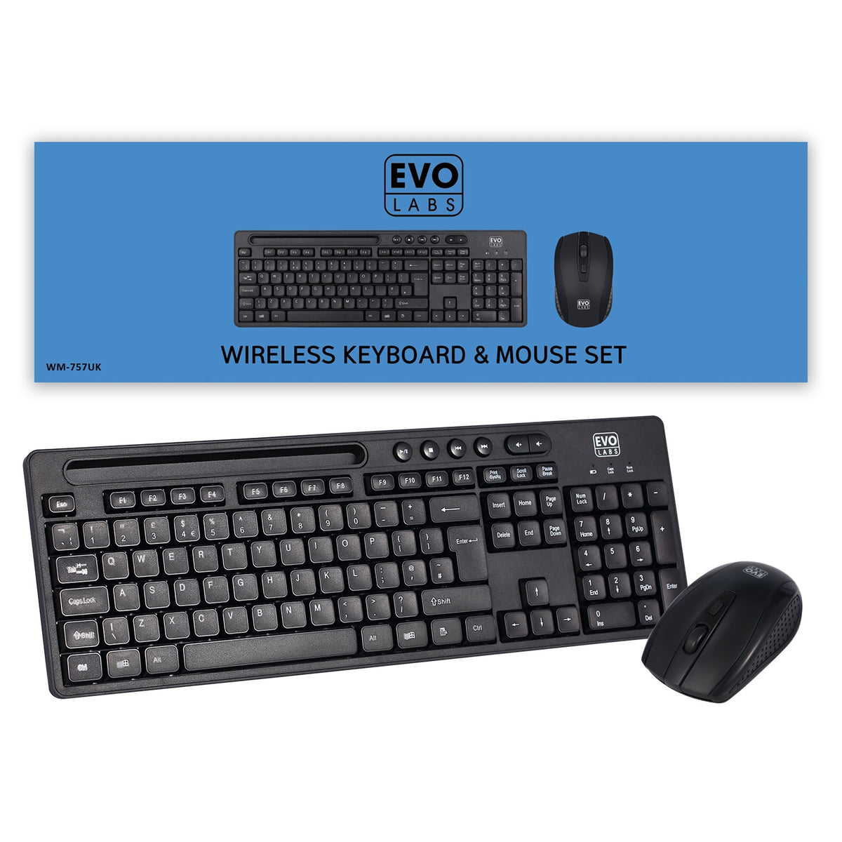 Evo Labs WM-757UK | Wireless keyboard and mouse set | UK QWERTY | Black