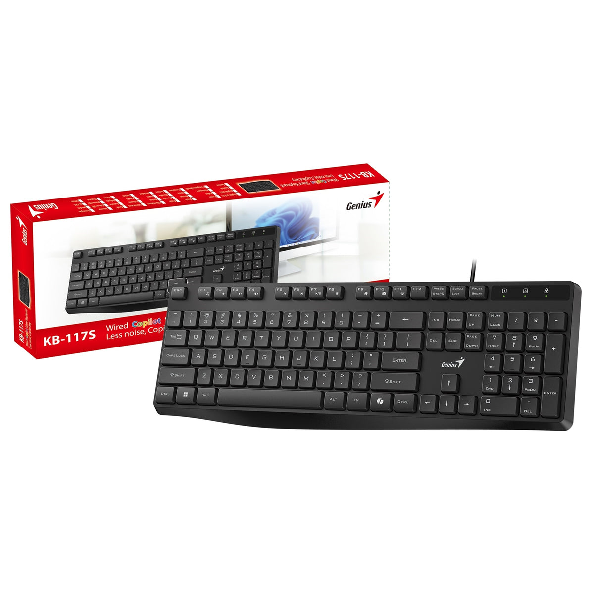 Genius KB-117S | Wired keyboard | Silent keys and Copilot | Full-size UK layout