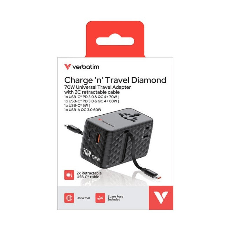 Verbatim Charge 'n' Travel 70W | 2 retractable USB-C cables | Black