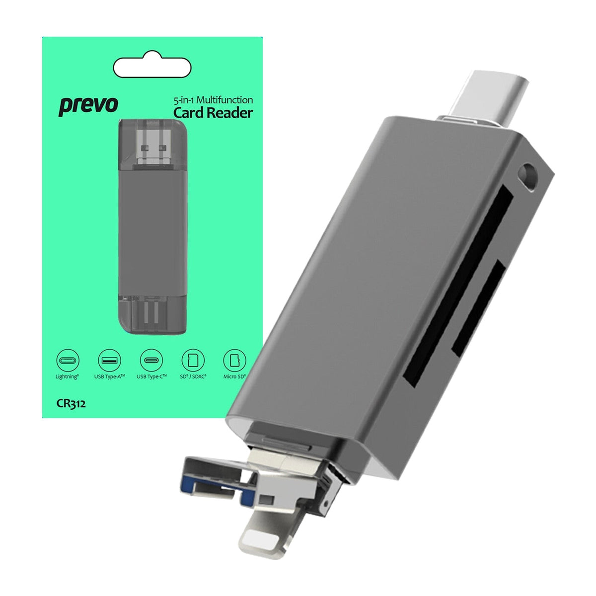 PREVO CR312 | Multi-format card reader | USB-A USB-C and Lightning | Black