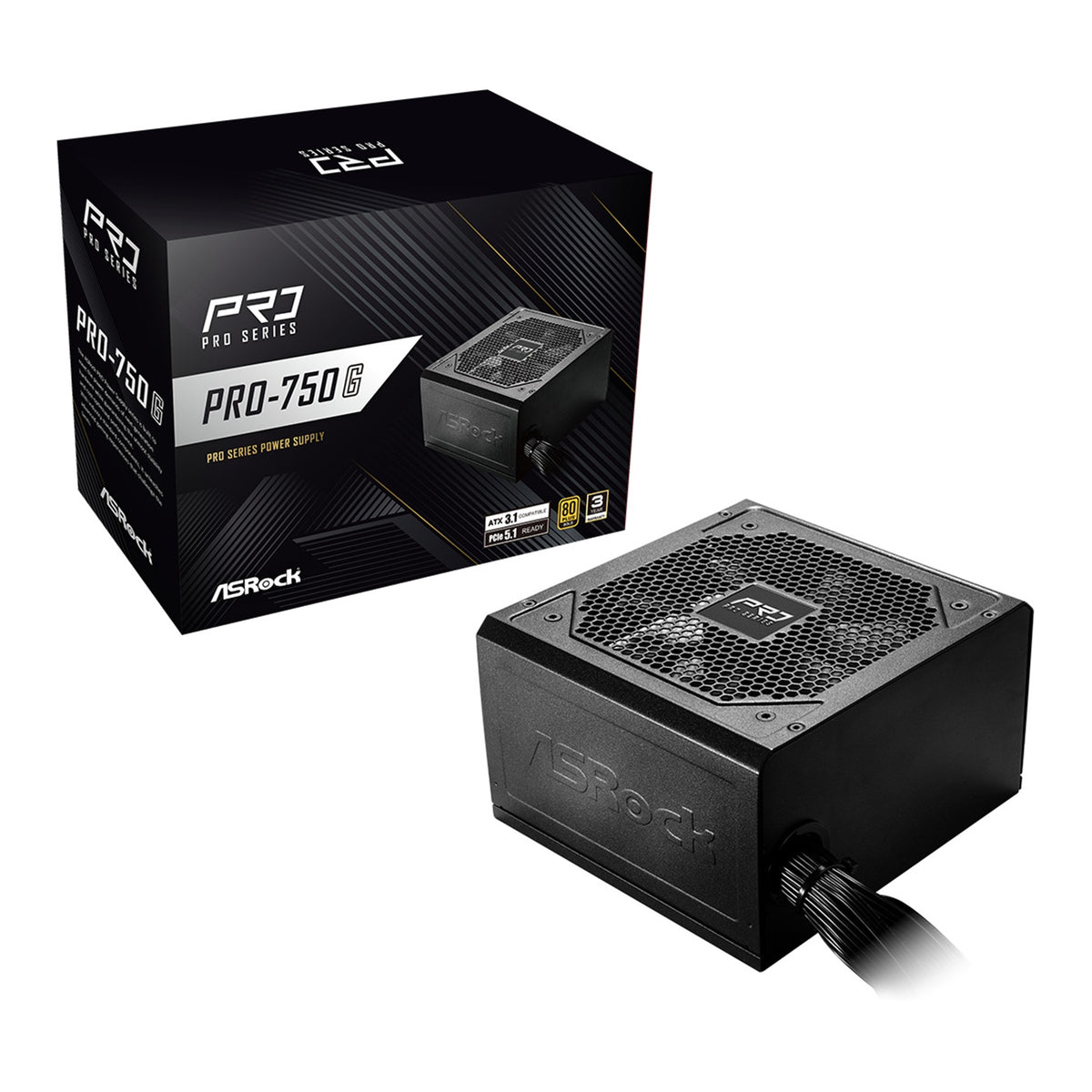 ASRock PRO-750G 750W ATX Power Supply Unit, 80 Plus Gold Certified, 120mm Silent Cooling Fan, High Efficiency PSU