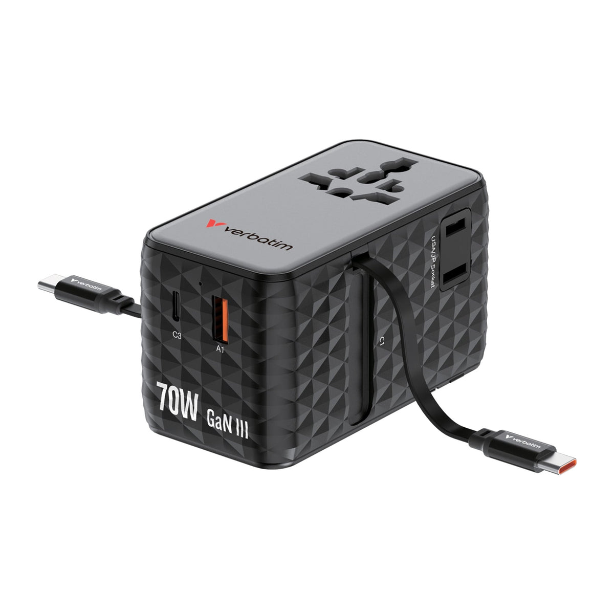 Verbatim Charge 'n' Travel 70W | 2 retractable USB-C cables | Black