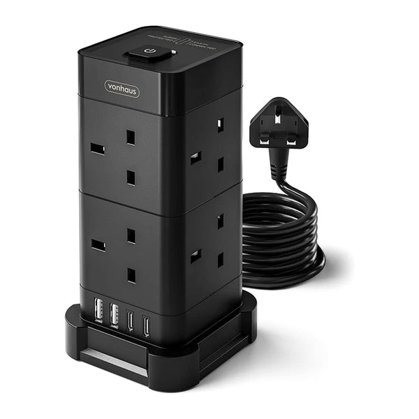 VonHaus 3515019.1 | Tower extension lead | 8 sockets and 4 USB ports | 2 m